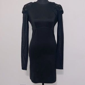 Black Pencil Fitted Dress Sheer Long Sleeve Gunmetal Hole Studs Small